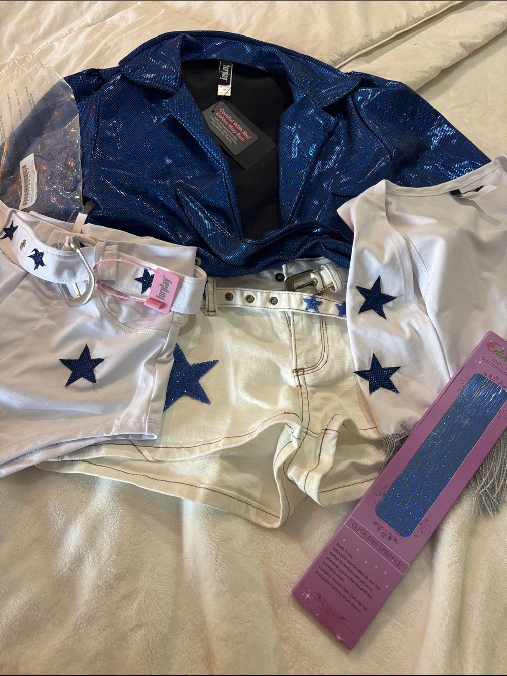 Forplay White Denim Shorts with Navy Blue Star Appliques